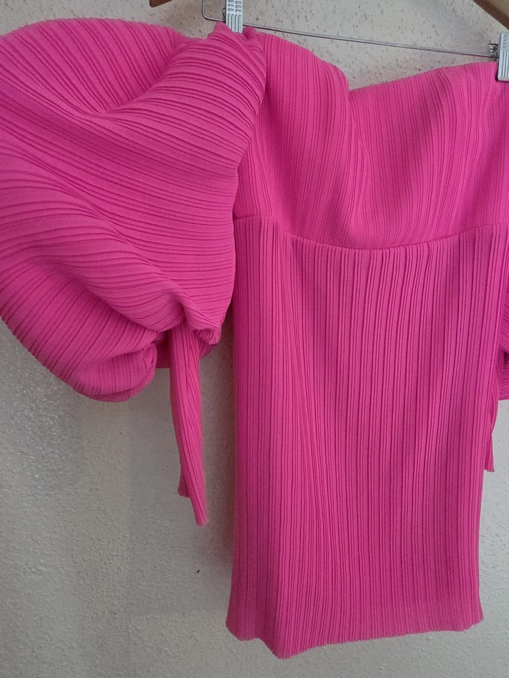 Solace London Hot Pink Strapless Puff-Sleeve Ribbed Mini Dress - Picture 10 of 11